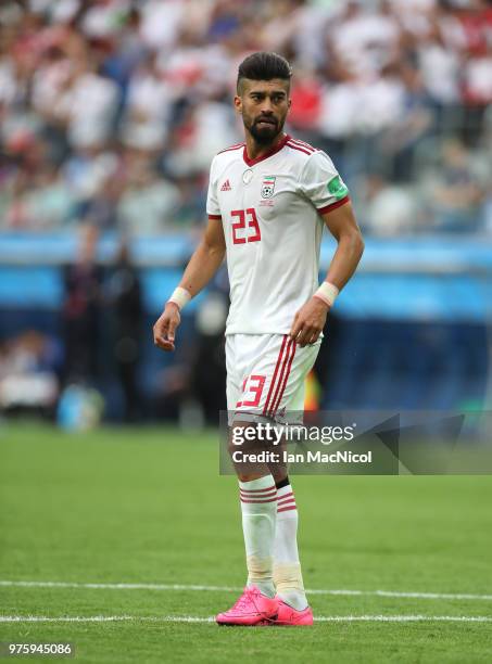 Ramin Rezaeian of Iran is seen during the 2018 FIFA World Cup Russia group B match between Morocco and Iran at Saint Petersburg Stadium on June 15,...