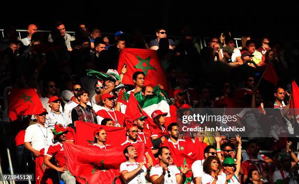 Morocco fans are seen during the 2018 FIFA World Cup Russia group B match between Morocco and Iran at Saint Petersburg Stadium on June 15, 2018 in...