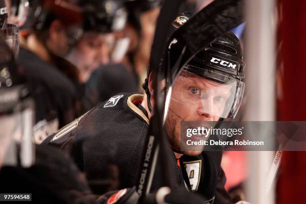 Saku Koivu of the Anaheim Ducks yells to the ice during the game against the Columbus Blue Jackets on March 9, 2010 at Honda Center in Anaheim,...