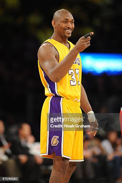 Ron Artest of the Los Angeles Lakers looks on before a game against the Toronto Raptors at Staples Center on March 9, 2010 in Los Angeles,...