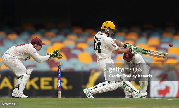 Luke Ronchi of the Warriors plays a shot during the Sheffield Shield match between the Queensland Bulls and the Western Australian Warriors at The...