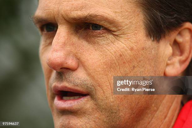 Paul Roos, coach of the Swans, speaks to the media during a Sydney Swans AFL training session at Lakeside Oval on March 10, 2010 in Sydney, Australia.