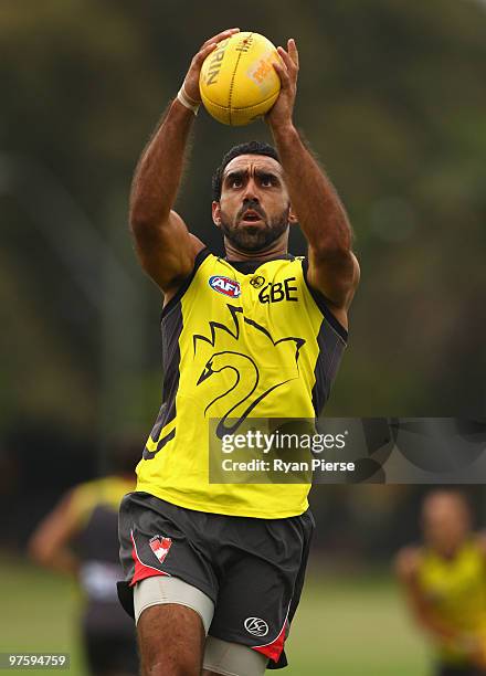 Adam Goodes of the Swans in action during a Sydney Swans AFL training session at Lakeside Oval on March 10, 2010 in Sydney, Australia.