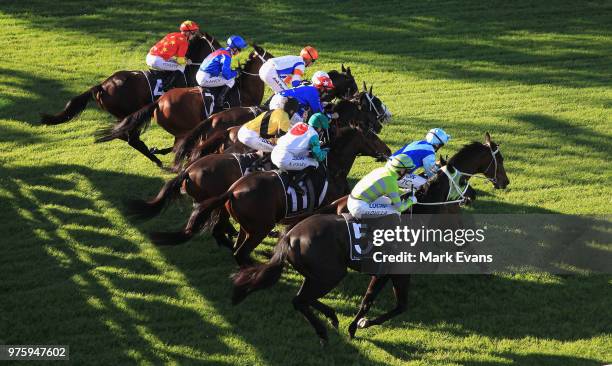 The Start of race 6 which was won by Brenton Avdulla on Black On Gold during Sydney racing at Rosehill Gardens on June 16, 2018 in Sydney, Australia.