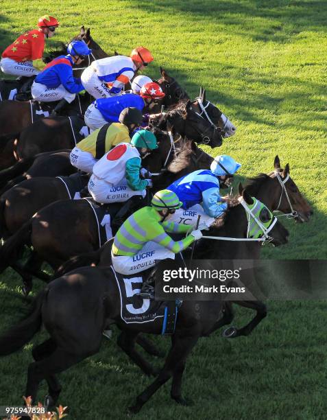 The Start of race 6 which was won by Brenton Avdulla on Black On Gold during Sydney racing at Rosehill Gardens on June 16, 2018 in Sydney, Australia.