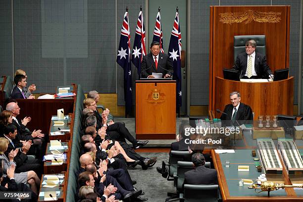 Indonesian President Susilo Bambang Yudhoyono is congratulated on his address by members and senators of the Australian Government after his address...