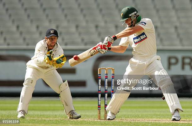 Tim Paine of the Tigers plays a cut shot as Bushrangers wicketkeeper Matthew Wade watches during day one of the Sheffield Shield match between the...