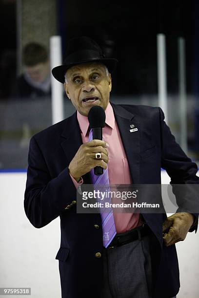 Willie O'Ree, the first African American to play in the NHL, welcomes people to the Congressional Hockey Challenge on March 9, 2010 in Washington,...