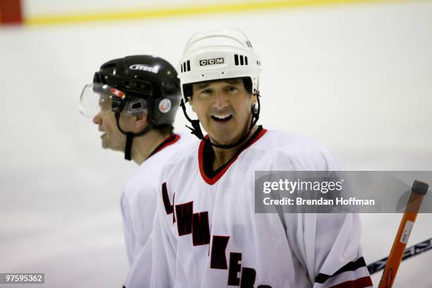 Reps. Brian Higgins and Mike Quigley play for the Lawmakers during the Congressional Hockey Challenge on March 9, 2010 in Washington, DC. The game...