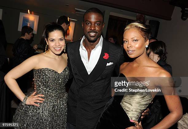 Actress America Ferrera, actor Lance Gross, and model/actress Eva Marcille attend the after party for the premiere of "Our Family Wedding" at...