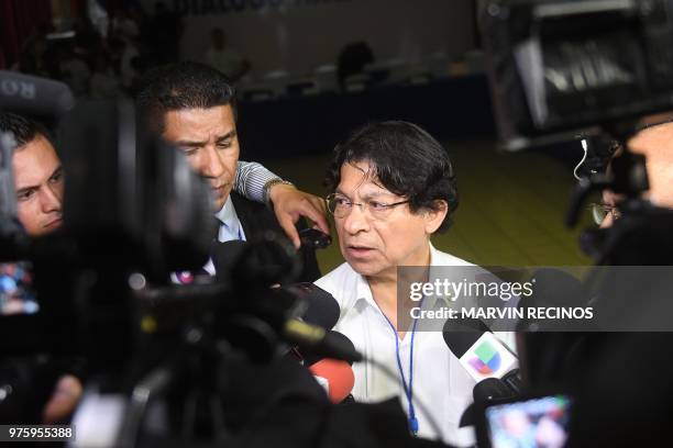 Nicaragua's Foreign Minister Denis Moncada speaks to the press after of the so-called "national dialogue" talks among government's representatives,...