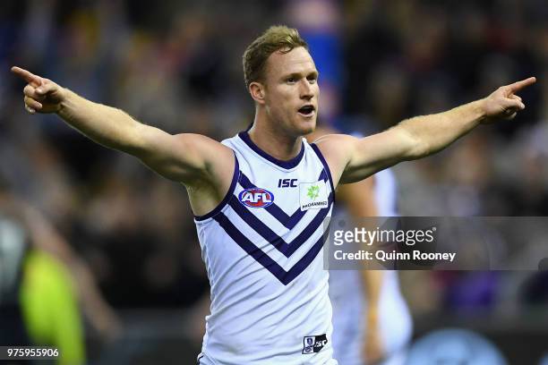 Brandon Matera of the Dockers celebrates kicking a goal during the round 13 AFL match between the Carlton Blues and the Fremantle Dockers at Etihad...