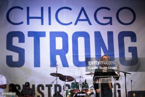 Former Rep. Gabrielle Giffords participates in an end of school year peace march and rally on June 15, 2018 in Chicago, Illinois. Chicago natives...