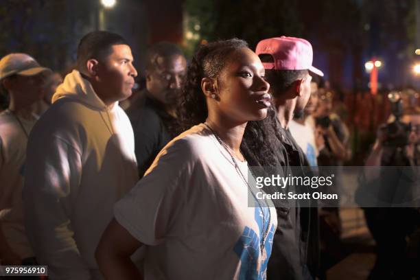 Chicago natives Jennifer Hudson and Chance the Rapper participate in an end of school year peace march and rally on June 15, 2018 in Chicago,...