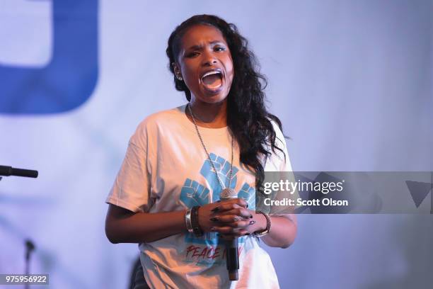 Chicago native Jennifer Hudson participates in an end of school year peace march and rally on June 15, 2018 in Chicago, Illinois. Chance the Rapper,...