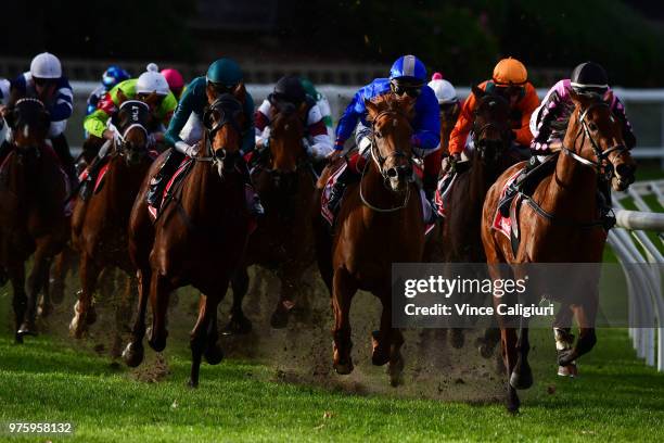 Dwayne Dunn riding Miss Leonidas wins Race 7 during Melbourne racing at Moonee Valley Racecourse on June 16, 2018 in Melbourne, Australia.