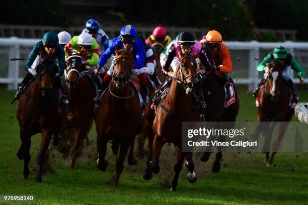 Dwayne Dunn riding Miss Leonidas wins Race 7 during Melbourne racing at Moonee Valley Racecourse on June 16, 2018 in Melbourne, Australia.