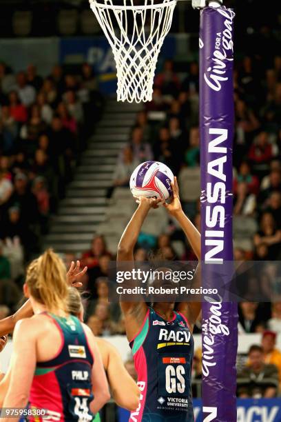 Mwai Kumwenda of the Vixens has a shot for goal during the round seven Super Netball match between the Vixens and the Fever at Hisense Arena on June...