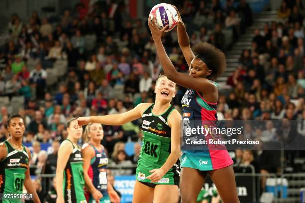 Mwai Kumwenda of the Vixens gathers the ball during the round seven Super Netball match between the Vixens and the Fever at Hisense Arena on June 16,...