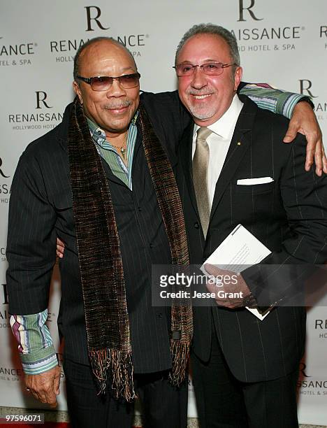 Producers Quincy Jones and Emilio Estefan attend "The Rhythm of Success" book release celebration at the Renaissance Hollywood Hotel on March 9, 2010...