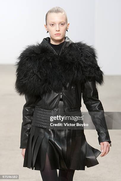 Model walks the runway during the Thierry Mugler Ready to Wear show as part of the Paris Womenswear Fashion Week Fall/Winter 2011 at Palais De Tokyo...