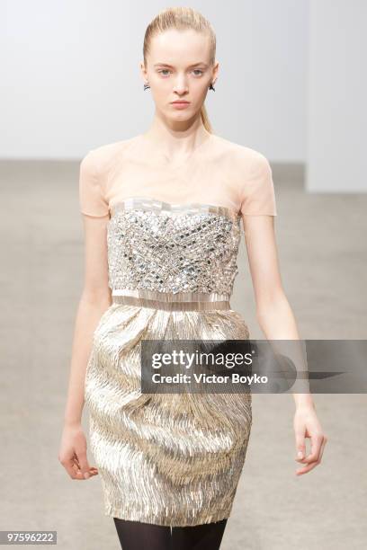 Model walks the runway during the Thierry Mugler Ready to Wear show as part of the Paris Womenswear Fashion Week Fall/Winter 2011 at Palais De Tokyo...