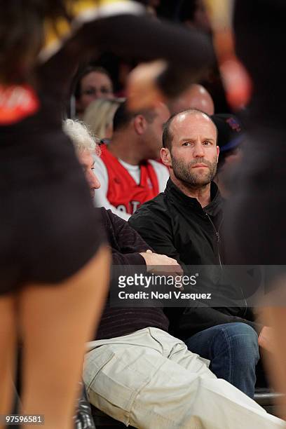 Jason Statham attends a game between the Toronto Raptors and the Los Angeles Lakers at Staples Center on March 9, 2010 in Los Angeles, California.