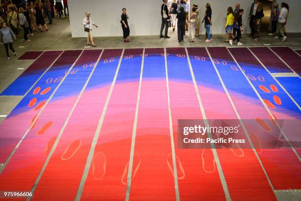 Handwoven carpets were made in Oxaca, Mexico, using traditional dying methods. They invite the viewers to step on this art piece by Polly Apfelbaum....