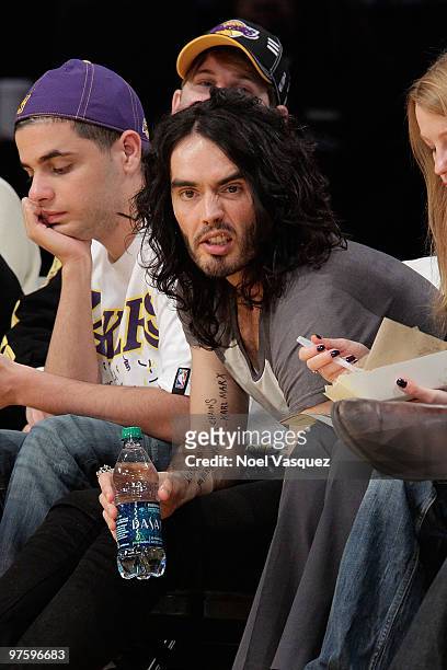 Russell Brand attends a game between the Toronto Raptors and the Los Angeles Lakers at Staples Center on March 9, 2010 in Los Angeles, California.