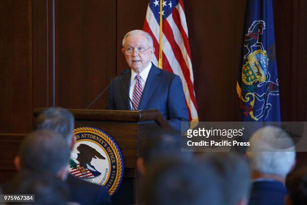 Attorney General Jeff Sessions delivers remarks on immigration and law enforcement actions to cadets from Lackwanna College Police Academy.