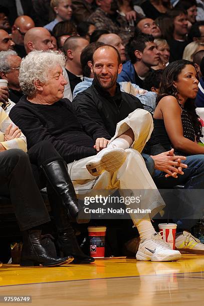 Producer Avi Lerner and actor Jason Statham attend a game between the Toronto Raptors and the Los Angeles Lakers at Staples Center on March 9, 2010...