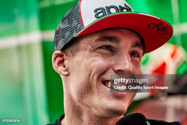 Aleix Espargaro looks on during day 1 of the MotoGP of Catalunya at Circuit de Catalunya on June 15, 2018 in Montmelo, Spain.