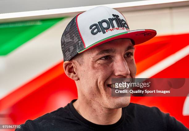 Aleix Espargaro looks on during day 1 of the MotoGP of Catalunya at Circuit de Catalunya on June 15, 2018 in Montmelo, Spain.