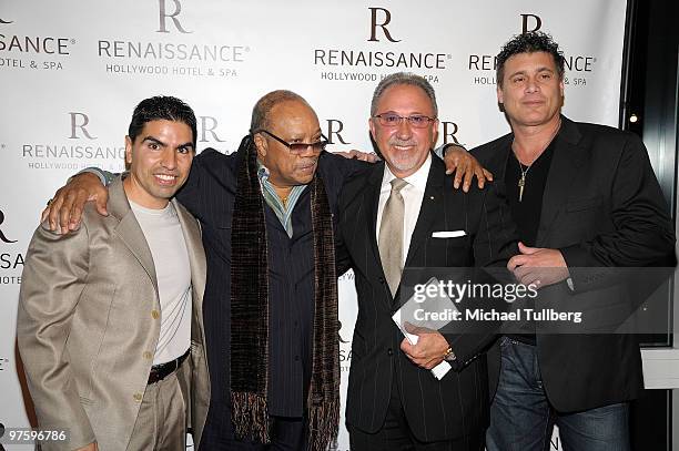 Radio personality Eddie "Piolin" Sotelo, music producer Quincy Jones, producer/author Emilio Estefan and actor Steven Bauer arrive at a book signing...