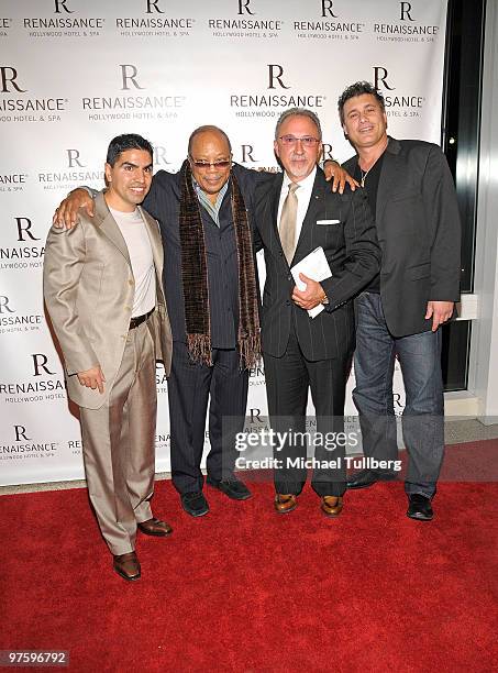 Radio personality Eddie "Piolin" Sotelo, music producer Quincy Jones, producer/author Emilio Estefan and actor Steven Bauer arrive at a book signing...