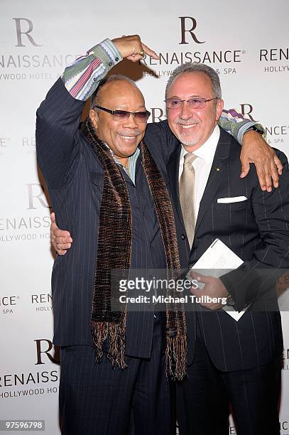Music producer Quincy Jones and producer/author Emilio Estefan arrive at a book signing and cocktail party for Estefan's book "The Rhythm Of Success"...