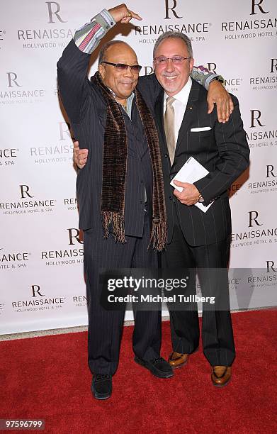 Music producer Quincy Jones and producer/author Emilio Estefan arrive at a book signing and cocktail party for Estefan's book "The Rhythm Of Success"...