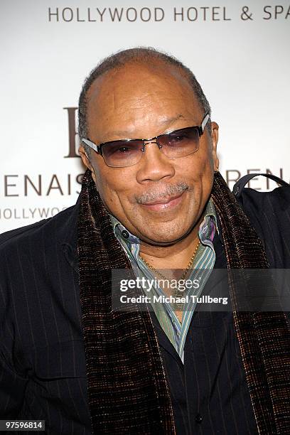 Music producer Quincy Jones arrives at a book signing and cocktail party for Emilio Estefan's book "The Rhythm Of Success" at the Renaissance...