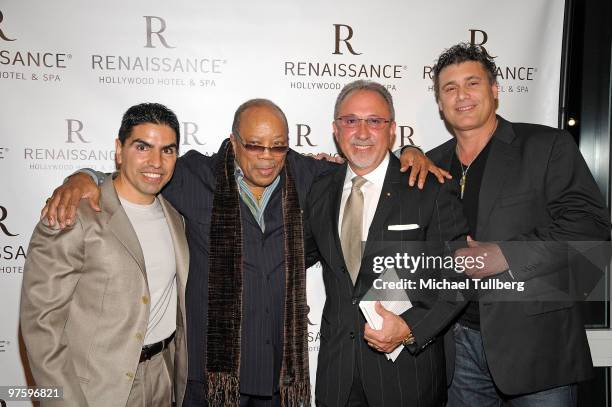 Radio personality Eddie "Piolin" Sotelo, music producer Quincy Jones, producer/author Emilio Estefan and actor Steven Bauer arrive at a book signing...