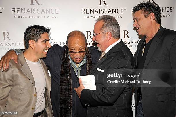 Radio personality Eddie "Piolin" Sotelo, music producer Quincy Jones, producer/author Emilio Estefan and actor Steven Bauer arrive at a book signing...