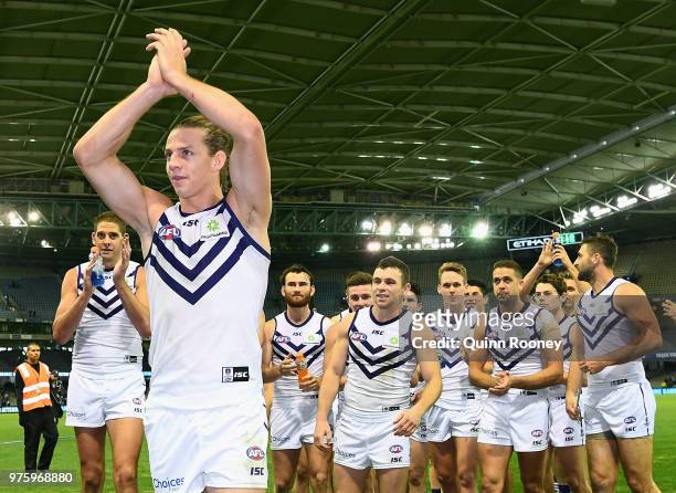 Nat Fyfe of the Dockers walks off the ground in game 150 after winning the round 13 AFL match between the Carlton Blues and the Fremantle Dockers at...