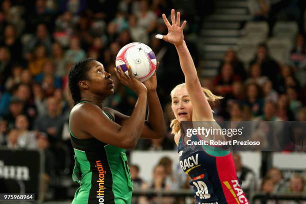 Jhaniele Fowler of the Fever has a shot for goal during the round seven Super Netball match between the Vixens and the Fever at Hisense Arena on June...