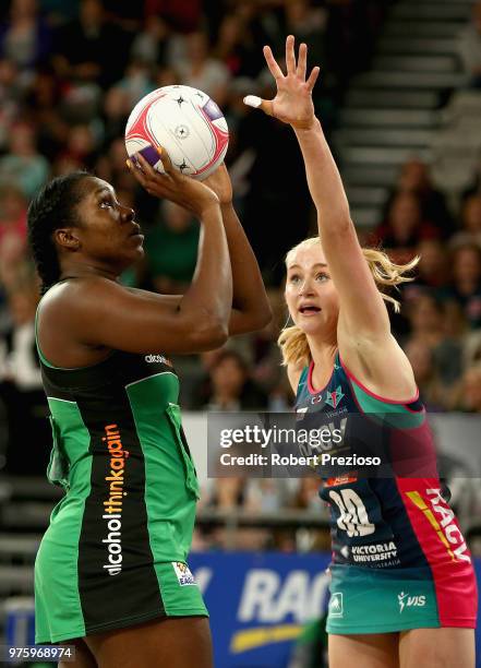 Jhaniele Fowler of the Fever has a shot for goal during the round seven Super Netball match between the Vixens and the Fever at Hisense Arena on June...