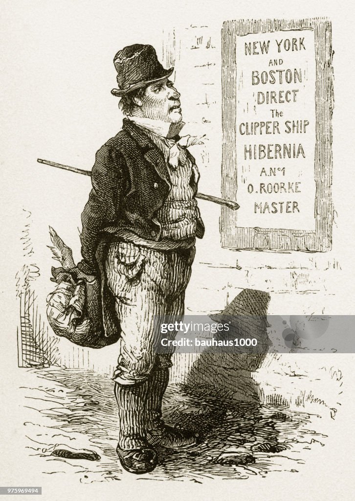 Emigrant Looking at a Travel Advertisement Victorian Engraving