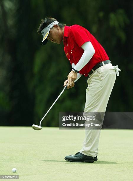 Danny Chia of Malaysia putts on the 9th hole during Asian International Final Qualifying for The Open at Saujana Golf and Country Club on March 10,...