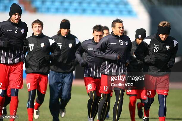 Players of Adelaide United attend the training session ahead of the AFC Champions League match between Shandong Luneng and Adelaide United at...