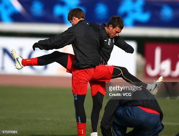 Players of Adelaide United attend the training session ahead of the AFC Champions League match between Shandong Luneng and Adelaide United at...