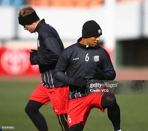 Players of Adelaide United attend the training session ahead of the AFC Champions League match between Shandong Luneng and Adelaide United at...