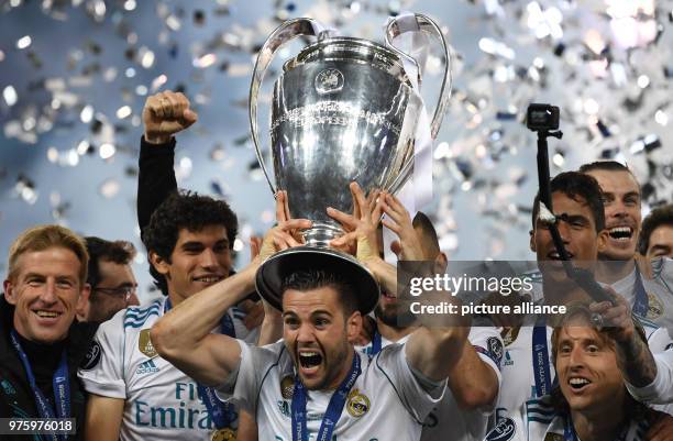 May 2018, Ukraine, Kiev: Soccer, Champions League final, Real Madrid vs FC Liverpool at the Olimpiyskiy National Sports Complex. Real's Nacho holds...