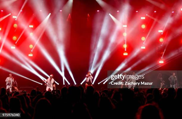 Nick Carte, Brian Littrell, AJ McLean, Howie Dorough and Kevin Richardson of the Backstreet Boys perform onstage during 2018 BLI Summer Jam at...